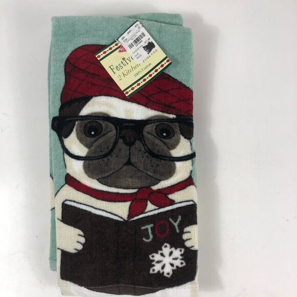 Festive Winter 2 Kitchen  Towels Christmas Pug Dog Glasses Beret JOY 100% Cotton - Picture 1 of 3